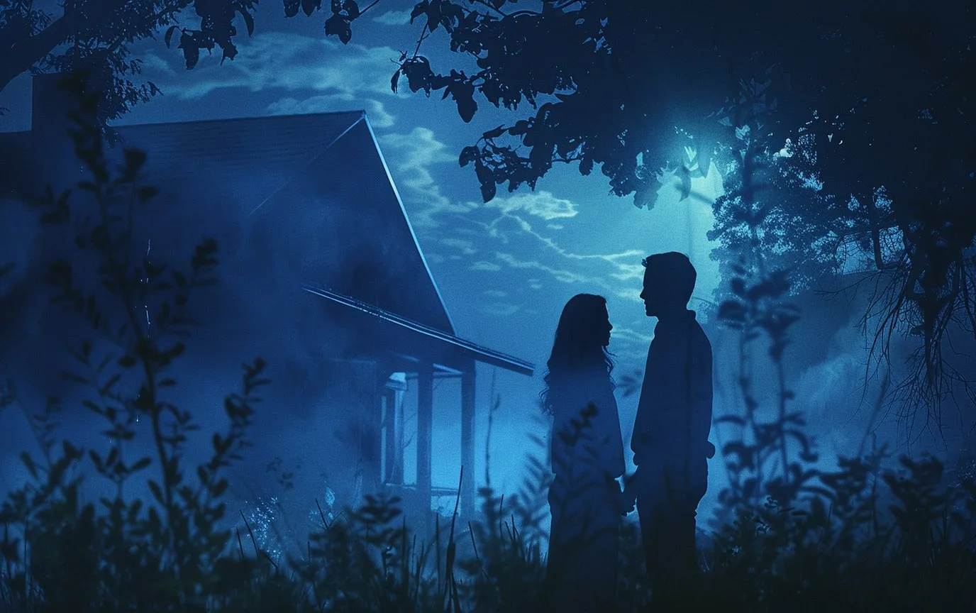 Couple holding hands closely during a romantic ghost hunting themed date