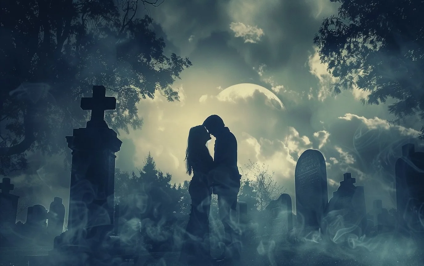 Couple sharing a tender kiss, capturing love in a supernatural and mysterious setting