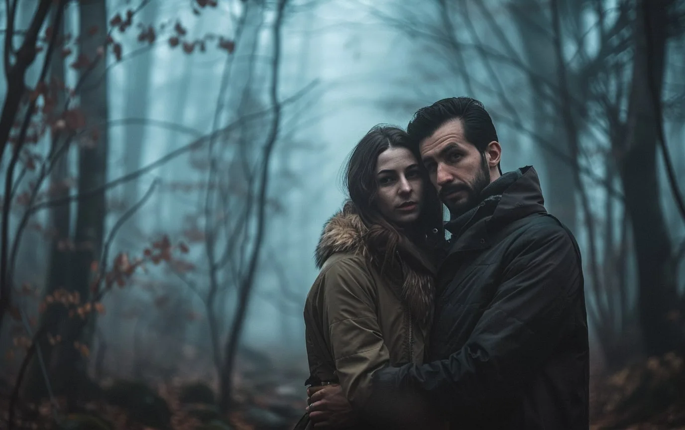 Two paranormal singles embracing at night, surrounded by a mysterious, haunted atmosphere