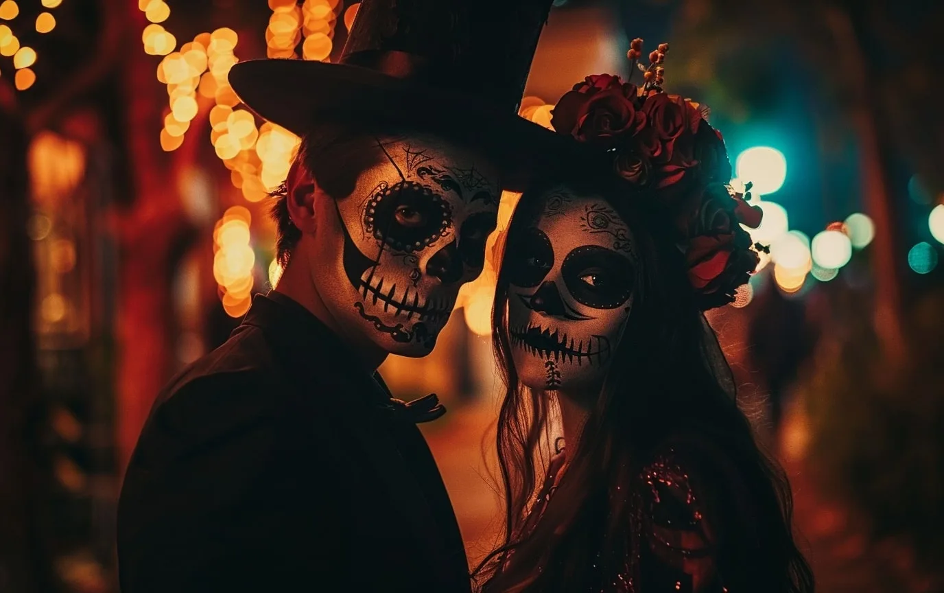 Couple wearing spooky masks in a dark, mysterious setting, enjoying a paranormal dating moment together