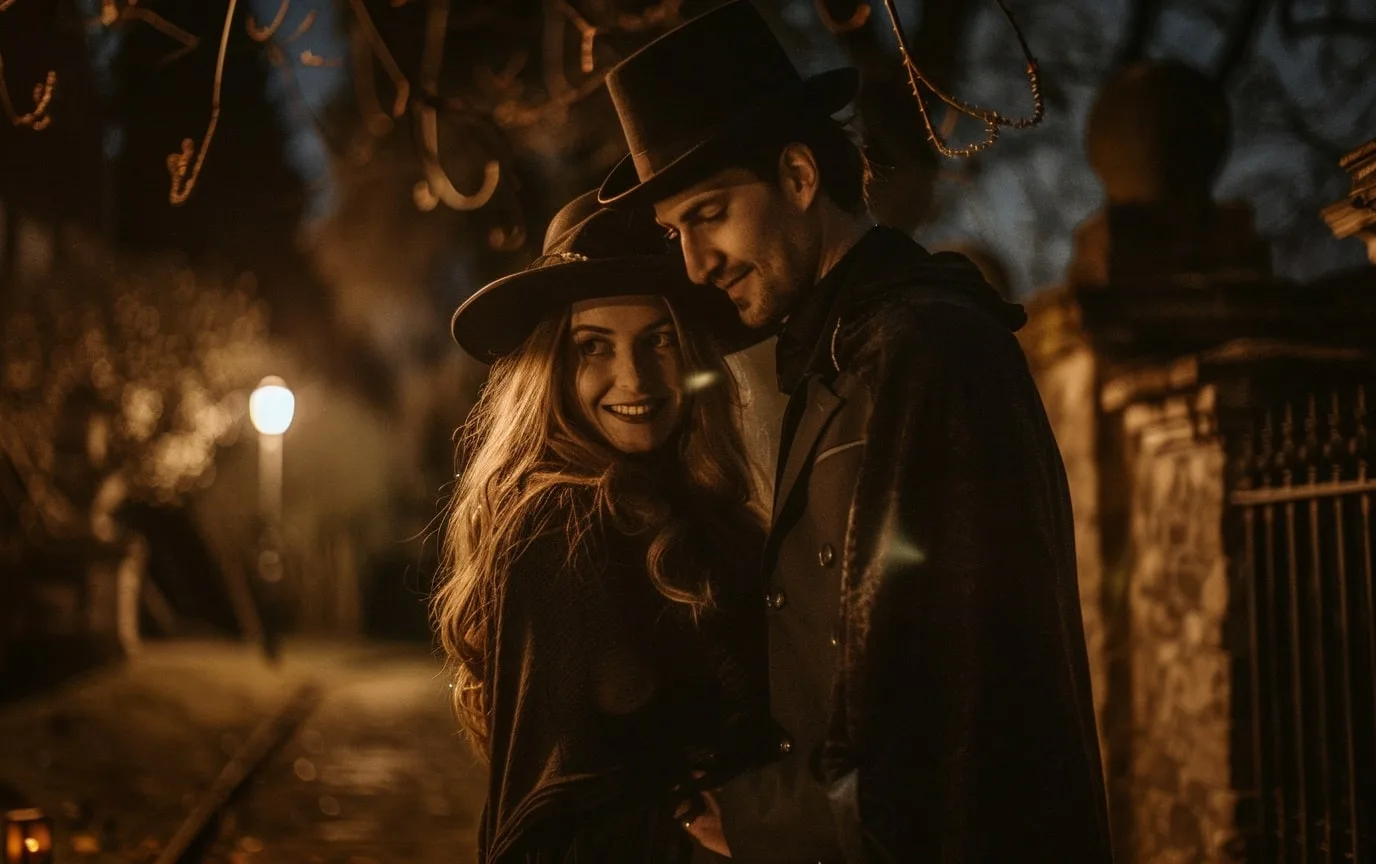 Two paranormal singles dressed in eerie costumes, sharing a romantic moment in a haunted-inspired backdrop